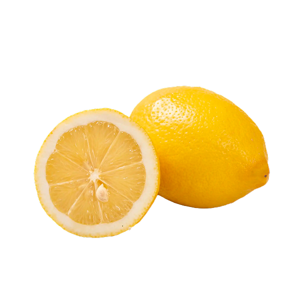 Un citron entier et un autre coupé en deux. La moitié coupée révèle la pulpe juteuse et l'intérieur jaune vif. Le citron entier est posé derrière la moitié coupée.