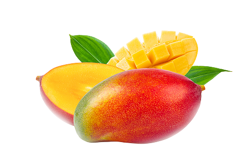 Trois morceaux de mangue : une mangue entière et deux moitiés de mangue dont l'une est découpée en petits cubes. Les mangues ont la peau rouge, verte et jaune, et la pulpe est de couleur jaune orangé. Les morceaux sont placés sur un fond blanc et entourés de deux feuilles vertes.